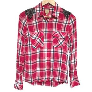 Guess Plaid Pearl‎ Snap Shirt Womens S Red Country Cowgirl Western Rodeo Beaded